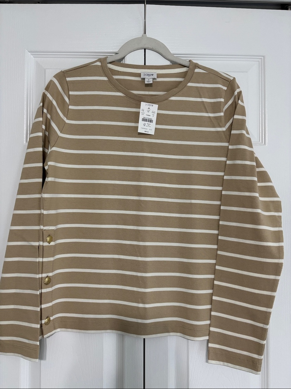 J. Crew Tan and White Striped Long-Sleeve Crewneck Top with Side Buttons